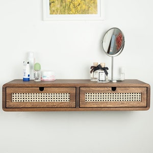 Tavolo da trucco galleggiante con due cassetti in rattan, organizer per trucco in rattan per toeletta, tavolo da toeletta in rovere, tavolo da toeletta, scrivania galleggiante in rovere