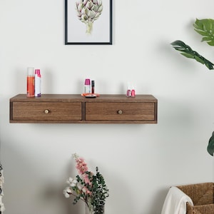 Floating Oak Makeup Vanity with two Drawers - Wall-Mounted Dressing Table Organizer for Bedroom