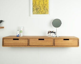 Floating Oak Makeup Table with 3 Drawers: Wall Mounted Vanity Desk