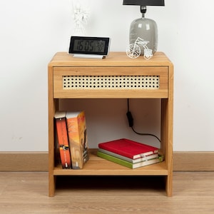 Special Order H:24” Nightstand Organizer, Nightstand with Rattan Drawer, Solid Oak Wood Nightstand, Modern Bedside Table, Handmade