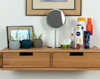 Floating Oak Makeup Table with Drawers: Wall Mounted Vanity Desk
