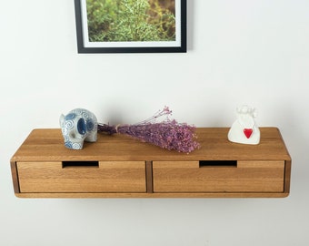Solid Oak Floating Console Table with Drawers: Entryway Hallway Wooden Table