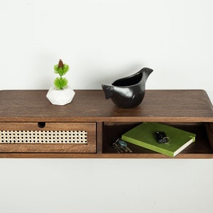 Floating Console Table With Rattan Drawer and Shelf ,Entryway Table, Hallway Wooden Table, Solid Oak Wood Table