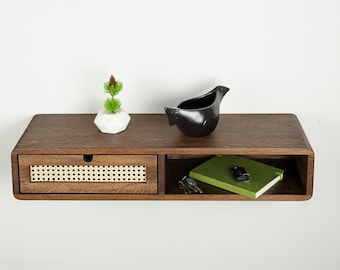Floating Console Table With Rattan Drawer and Shelf ,Entryway Table, Hallway Wooden Table, Solid Oak Wood Table