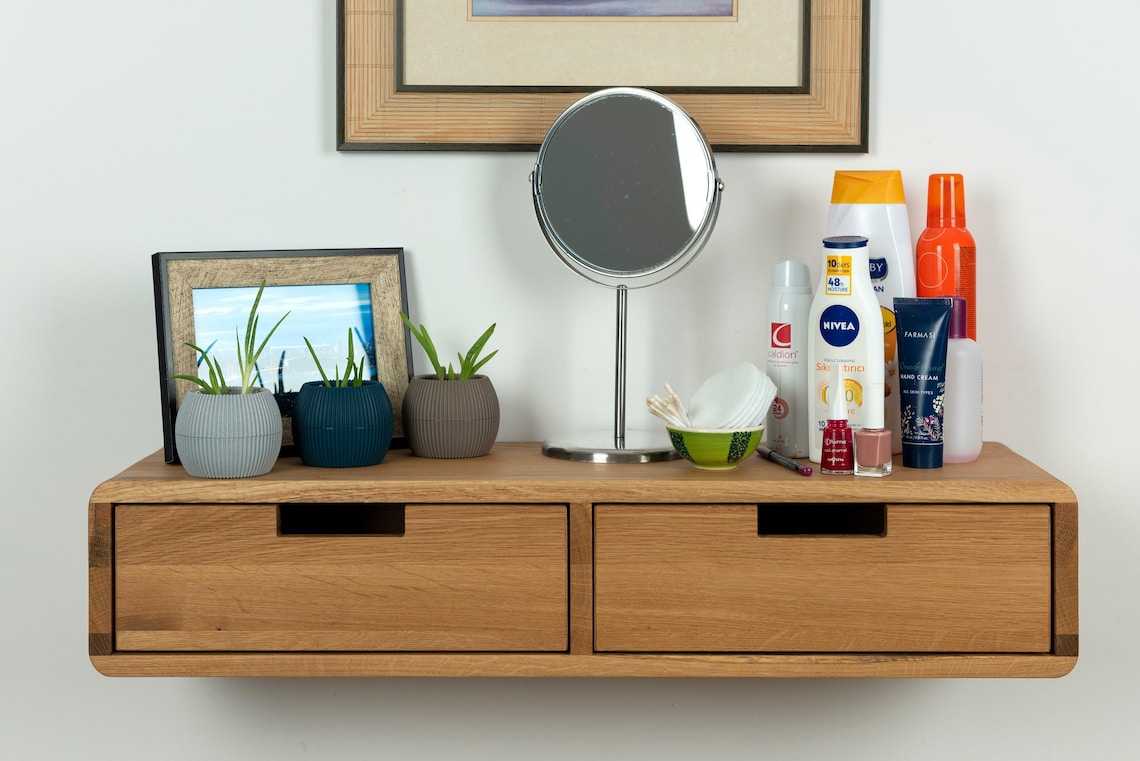 Floating Makeup Table With Two Drawers Oak Makeup Organizer Etsy