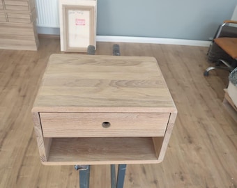 Floating Nightstand with Drawer and Open Shelf in Solid Oak