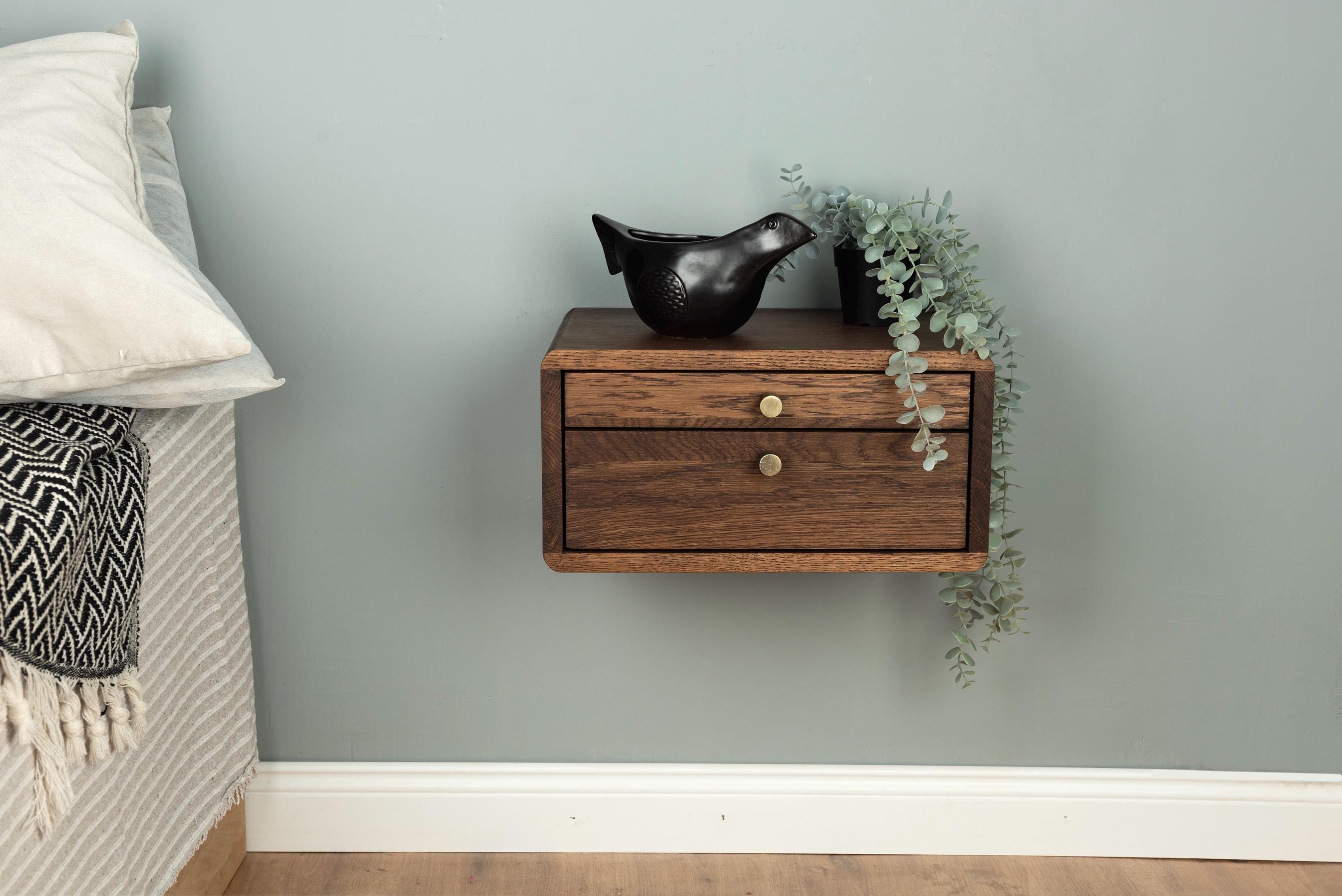 Floating Nightstand With Two Drawers in Solid Oak – Modern Metal Handle ...