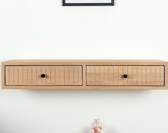 Fluted Floating Console Table With Two Drawers ,Entryway Table, Hallway Wooden Table, Solid Oak Wood Table