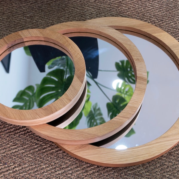 Runder Spiegel, runder Wandspiegel aus Holz, runder Holzspiegel, Wanddekoration, Holzrahmen, Wandspiegel, Spiegel mit Eichenrahmen