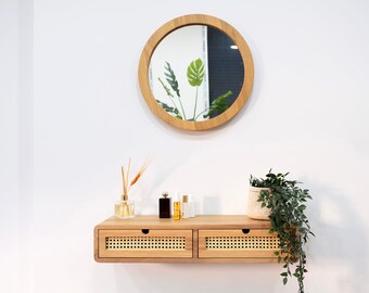 Floating Vanity Table with Mirror, Oak Makeup Organizer for Vanity, Oak Vanity Table,Vanity Mirror,Floating Oak Desk,