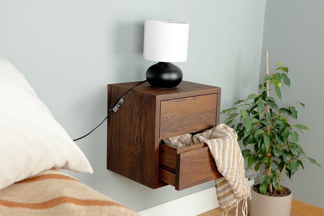 Floating Nightstand With Two Drawers in Solid Oak – Integrated Handle ...