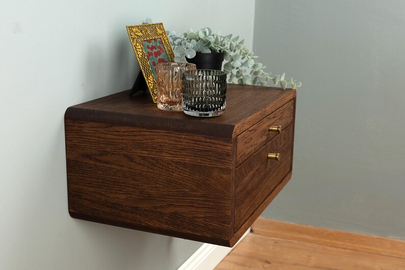 Floating Nightstand With Two Drawers in Solid Oak – Modern Metal Handle ...