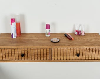 Fluted Oak Floating Makeup Table: Vanity Organizer with Drawers