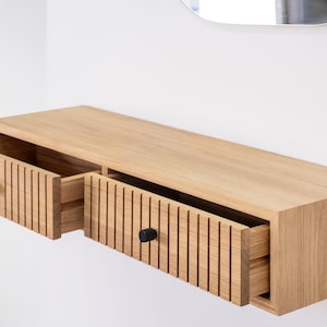 Fluted Oak Floating Makeup Table: Vanity Organizer with 2 Drawers