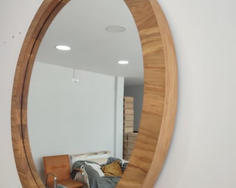 Espejo de pared redondo de roble macizo: marco de madera moderno, hecho a mano
