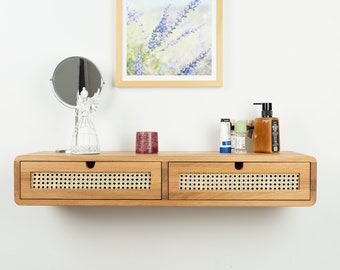 Floating Vanity Table with Two Rattan Drawers in Solid Oak – Minimalist Makeup Space