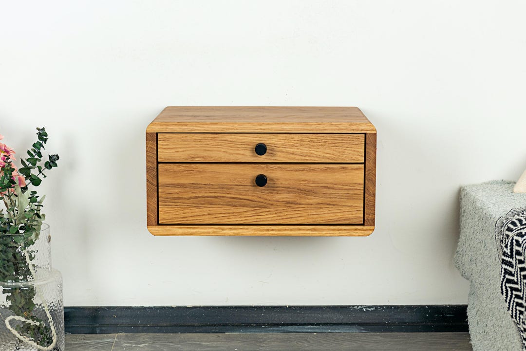 Solid Oak Floating Nightstand With Two Drawers, Wall Mounted Bedside ...