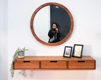 Floating Vanity Table with Mirror, Oak Makeup Organizer for Vanity, Oak Vanity Table,Vanity Mirror,Floating Oak Desk,