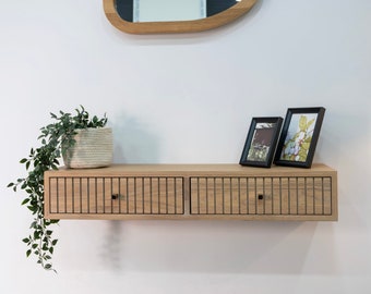 Zwevende consoletafel met twee laden, entreetafel, houten haltafel, massief eikenhouten tafel