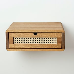 Wall Mounted Floating Nightstand with Rattan Drawer in Solid Oak, Minimalist Bedside Table, Modern Wood Nightstand