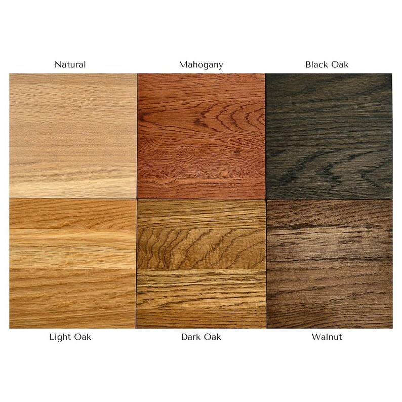 May include: A grid of six wood grain samples labeled Natural, Mahogany, Black Oak, Light Oak, Dark Oak, and Walnut. Each square displays a distinct wood finish with visible grain patterns, ranging from light tan to deep brown and black tones.