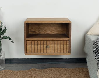 Floating Nightstand with Fluted Drawer and Open Shelf in Solid Oak – Wall Mounted Nightstand