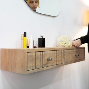 Floating Makeup Table with two Drawers, Makeup Organizer for Vanity, Oak Vanity Table,Dressing Table,Floating Oak Desk