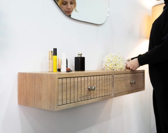 Floating Makeup Table with two Drawers, Makeup Organizer for Vanity, Oak Vanity Table,Dressing Table,Floating Oak Desk