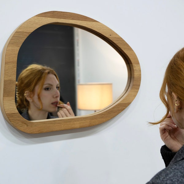 Asymmetrical Mirror, Irregular Mirror, Modern Wall Mirror, Wooden Mirror, Irregular Oak Mirror for Makeup Asymmetric Oak Mirror for Entryway