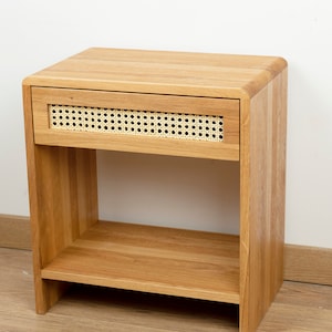 Nightstand Organizer, Nightstand with Rattan Drawer, Solid Oak Wood Nightstand, Modern Bedside Table, Handmade