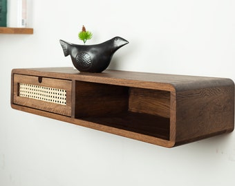 Floating Console Table With Rattan Drawer and Shelf ,Entryway Table, Hallway Wooden Table, Solid Oak Wood Table