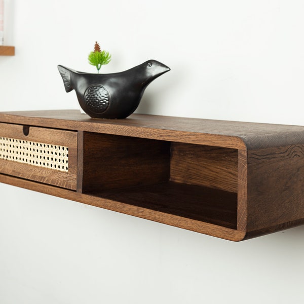 Floating Console Table With Rattan Drawer and Shelf ,Entryway Table, Hallway Wooden Table, Solid Oak Wood Table