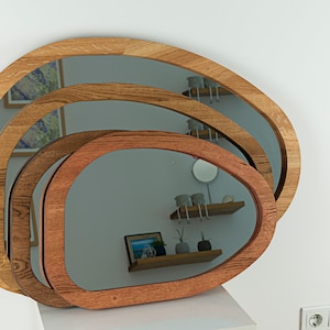 Irregular Oak Mirror, Asymmetric Solid Wood Wall Mirror, Vanity Mirror for Bathroom or Entryway, Modern Oak Frame Mirror