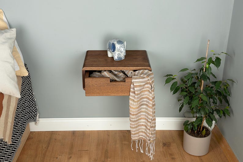 Floating Nightstand With Drawer in Solid Oak – Modern Wall Hung Bedside ...