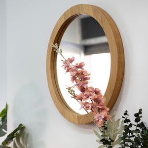 Rustic Round Makeup Mirror, Wooden Circle Mirror, Large Oak Wall Mirror for Bathroom, Office & Home Decor