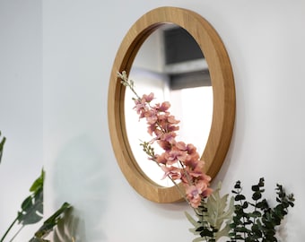 Solid Oak Round Wall Mirror: Modern Wood Frame, Bathroom & Living Room