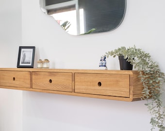 Solid Oak Floating Console Table with Three Drawers - Entryway Hallway Wooden Table