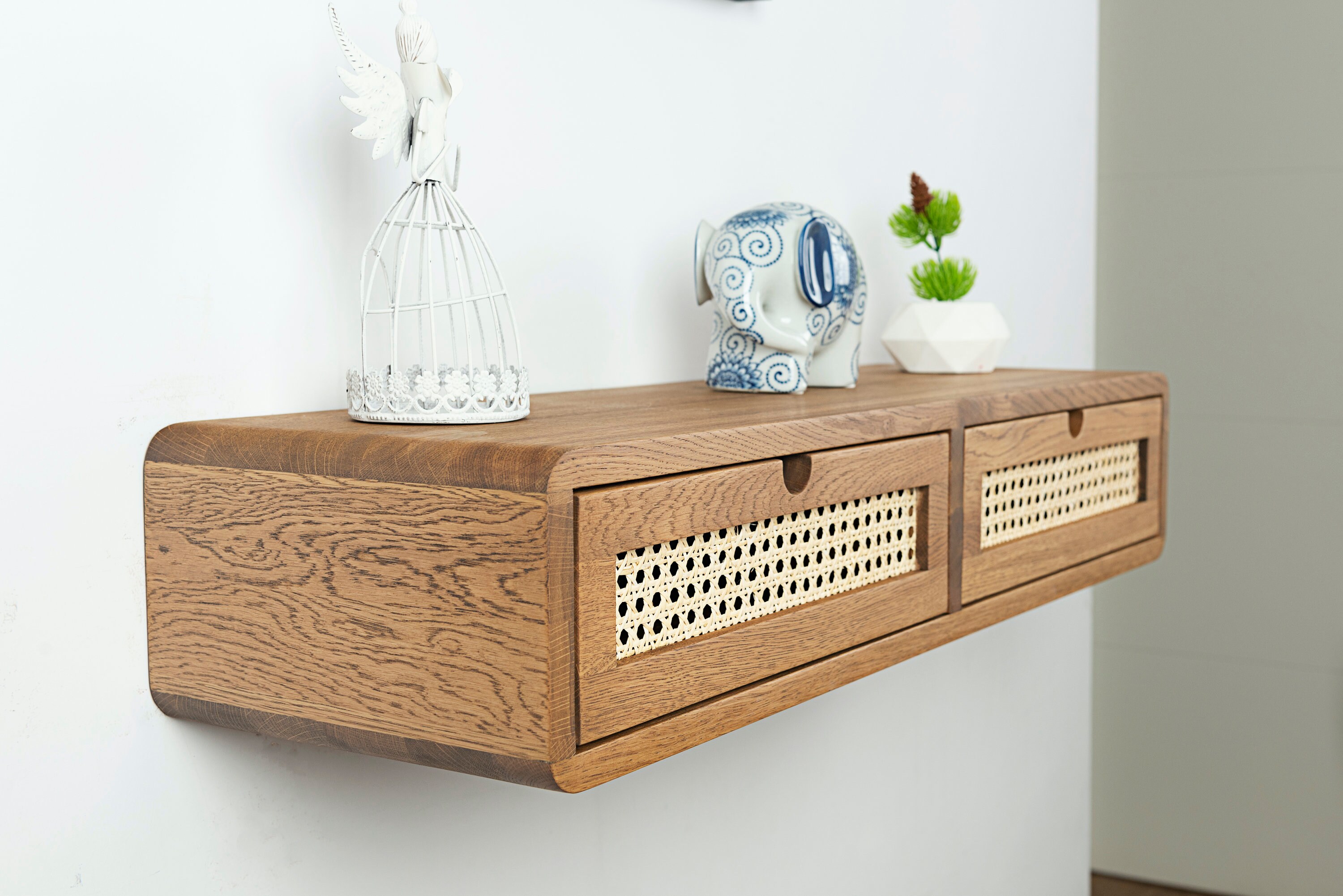 Solid Oak Floating Console Table With Rattan Drawers, Narrow Entryway ...