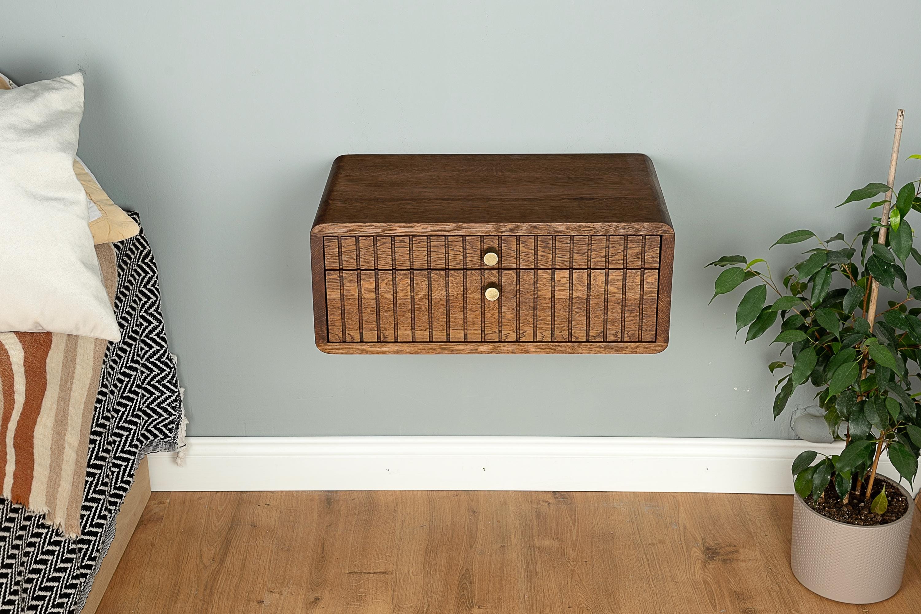 Floating Nightstand With Fluted Two Drawers in Solid Oak - Etsy