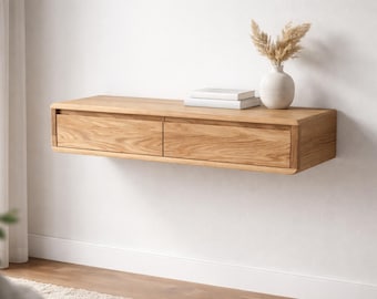 Floating Console Table in Solid Oak – Wall Mounted Console with 2 Integrated Handle Drawers