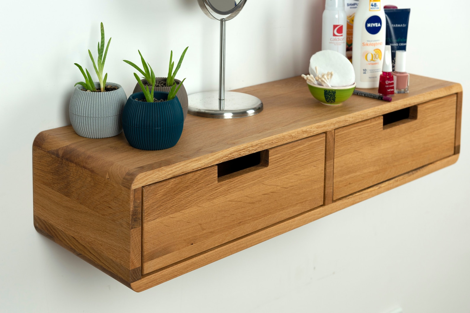 Floating Makeup Table With Two Drawers Oak Makeup Organizer Etsy
