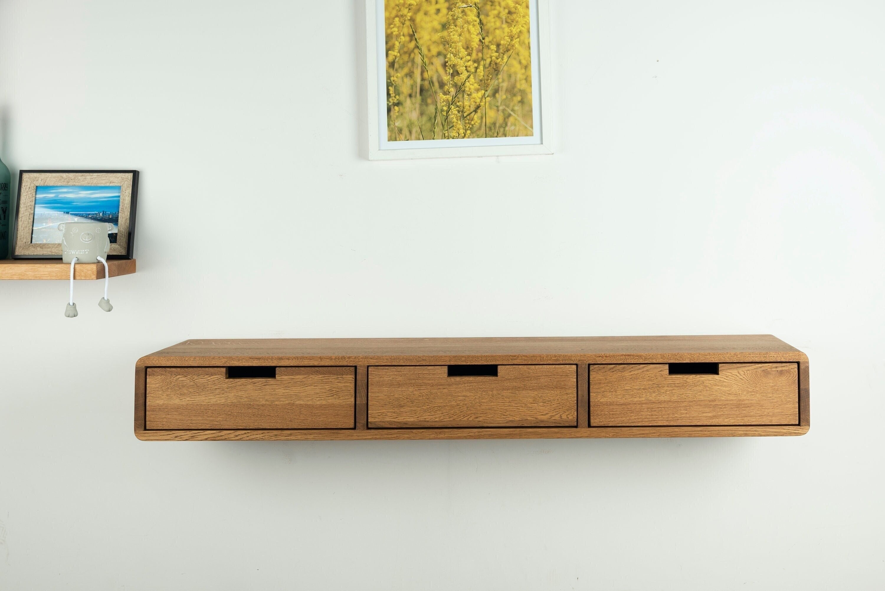 Floating Simple Console Table Solid Oak Floating Console Table With Three Drawers - Entryway Hallway ...