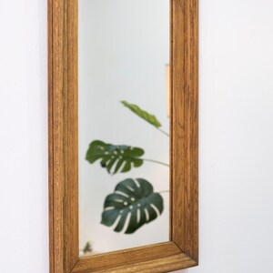 May include: A rectangular wooden framed mirror with a light brown finish. The mirror reflects a green leafy plant.