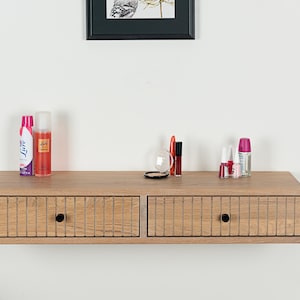 Fluted Oak Floating Makeup Table: Vanity Organizer with Drawers