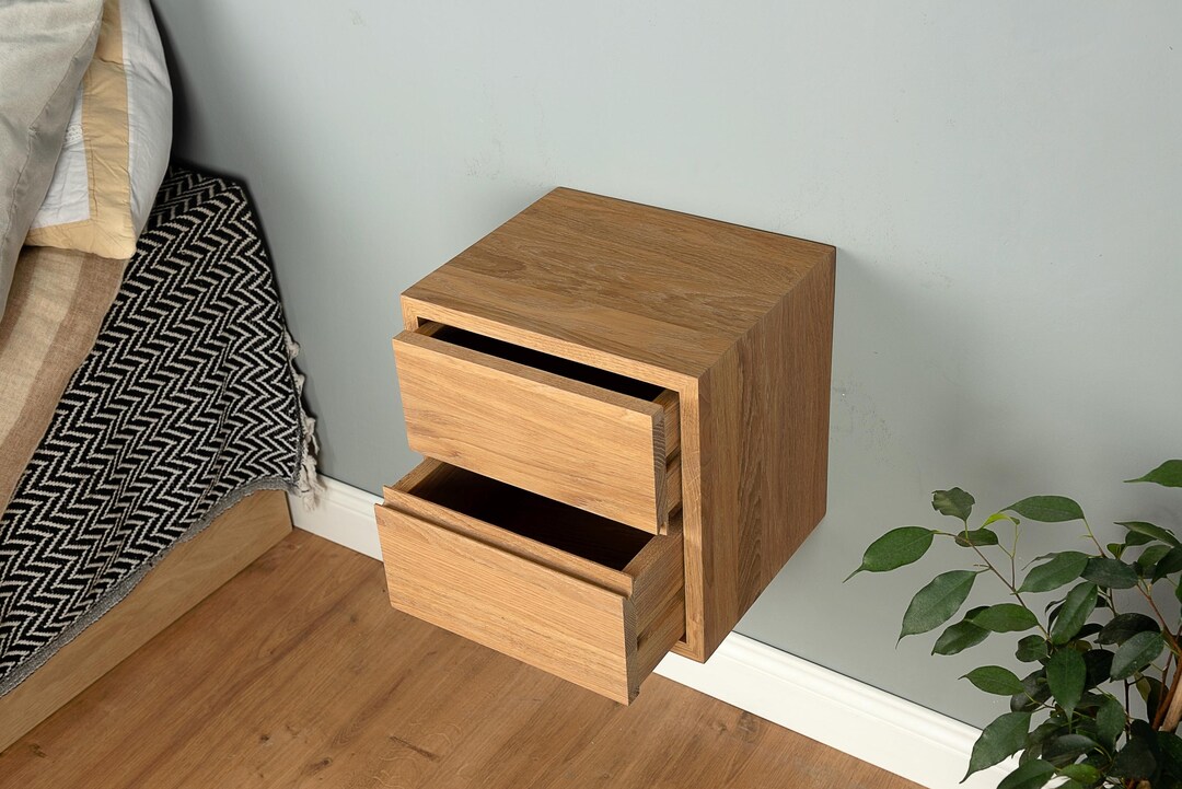 Floating Nightstand With Two Drawers in Solid Oak – Integrated Handle ...