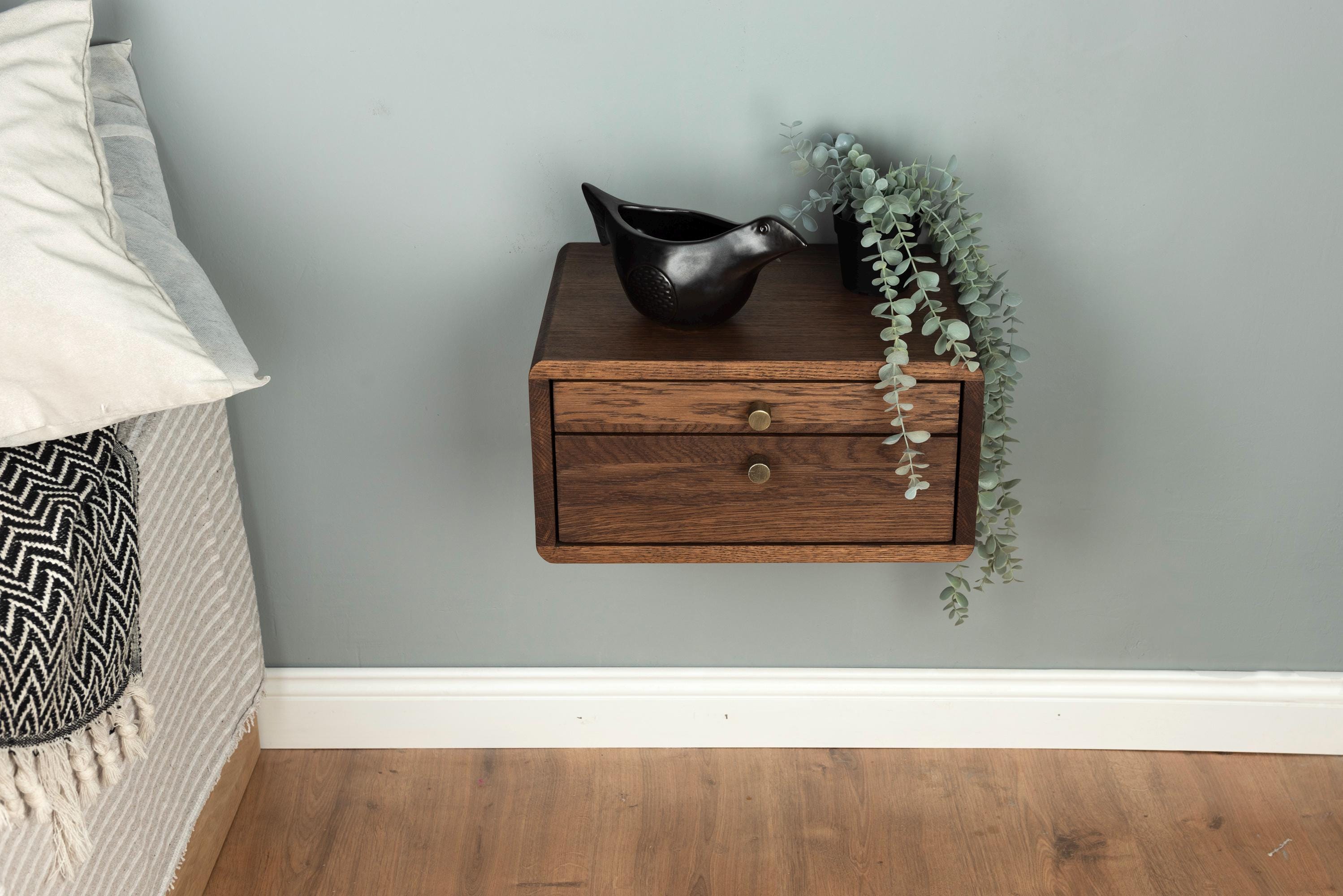 Floating Nightstand With Two Drawers in Solid Oak – Modern Metal Handle ...