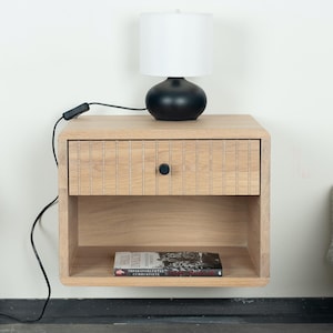 Floating Bedside Table with Fluted Drawer and Shelf in Solid Oak - Modern Mid-Century Bedside Table