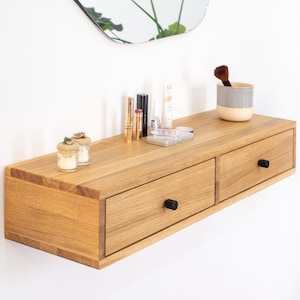 Tavolo da trucco galleggiante con due cassetti, organizer per trucco per toeletta, tavolo da toeletta in rovere, toletta, scrivania galleggiante in rovere