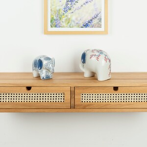 Solid Oak Floating Console Table with Rattan Drawers, Entryway Storage Furniture image 4