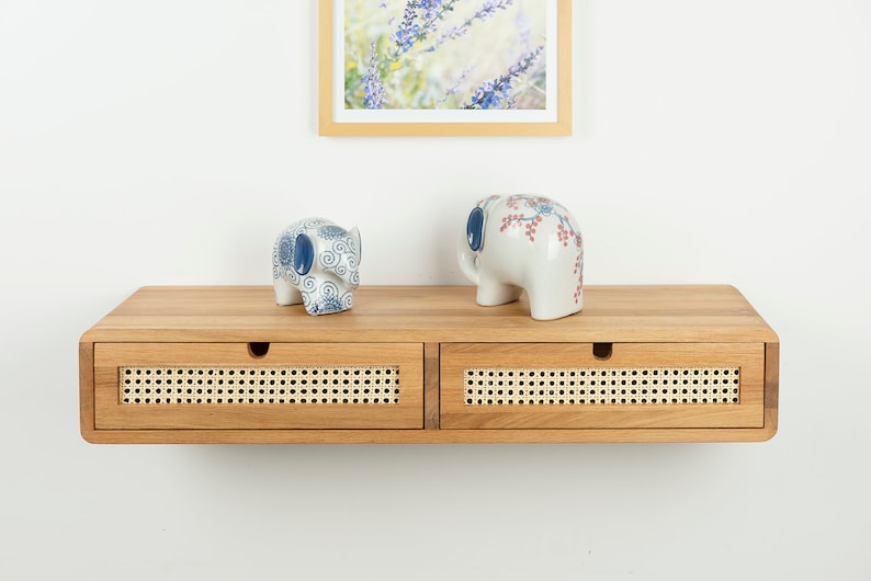 Solid Oak Floating Console Table with Rattan Drawers, Entryway Storage Furniture image 4